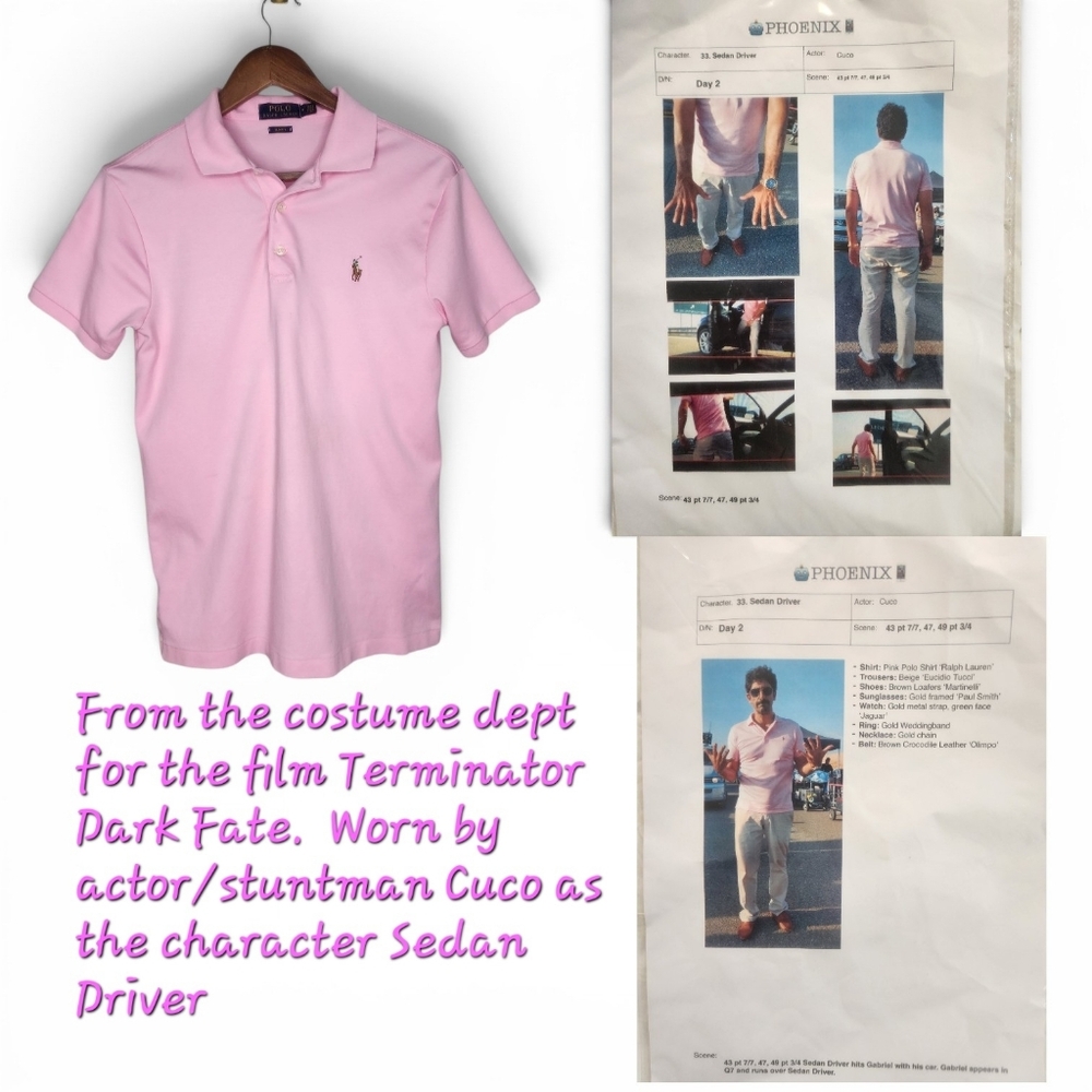 Terminator Dark Fate Ralph Lauren Pink Polo Shirt Size M Actor Cuco Usin Worn
